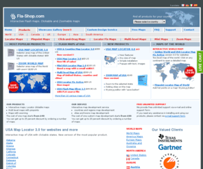 fla-shop.com: Interactive Flash Maps. Free download sample and demo version maps. Interactive World Map and country template maps.
Flash maps US and other countries, free demo. Interactive US map. Flash map of World, Europe. Map of France, UK, Germany, Australia. Features: Color, URL linking, captions and more; - Intuitive Flash Map Interface; - Customizable Hotspots and Tooltips; - Ease of Use; - Customizations via an XML file; - Zoom and Pan tools. Fla-shop provides interactive maps.