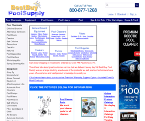 bestbuypoolsupply.com: Pool Supplies, Pool Cleaners, Pool Heaters, Pool Pumps, Pool Filters - Pool Supplies Discounted
At Best Buy we stock a complete line of pool supplies, pool heaters, pool cleaners, pool filters, and pool pumps. You'll find pool supplies from Hayward, Sta Rite, Pentair, Jandy, Jacuzzi and many other manufacturers of quality pool supplies.
