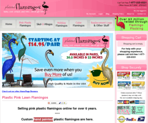 plastic-flamingos.com: Plastic pink lawn flamingos for Flamingo Flocking fundraisers, birthday surprises and special events.
pink plastic garden flamingos for lawn and garden decoration, parties, and flamingo fundraising, sold in pairs or in bulk. Decorate your parties with garden flamingos