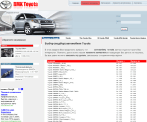 toyotashop.info: Выбор модели автомобиля Toyota
Сайт компании Toyota RMK. Продавца неоригинальных запчастей для автомобилей Toyota