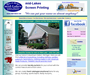 mid-lakes.net: mid-Lakes Screen Printing in Delton, Michigan. We can put your name on almost anything!
mid-Lakes Screen Printing in Delton, Michigan. We can put your name on almost anything!