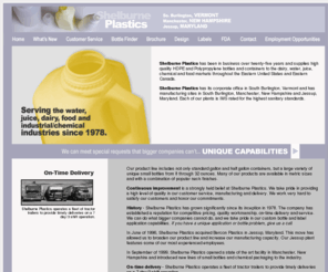 shelburneplastics.com: Shelburne Plastics, Bottles, High Density Polyethylene, Polyethylene Terephthalate, Extrusion Blow Molding equipment, Computer Aided Design, Computerized Numeric Control, Custom Label Application, water, juice, dairy, food, chemical industries
Our line of High Density Polyethylene and Polyethylene Terephthalate bottles, state of the art Extrusion Blow Molding equipment, Computer Aided Design, Computerized Numeric Control, Custom Label Application, and Total Quality standards ensure the highest level of service to our clients in the water, juice, dairy, food and chemical industries throughout the eastern seaboard and eastern Canada.