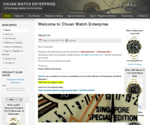 chuanwatch.com: Welcome to Chuan Watch Enterprise
Chuan Watch Enterprise Collection Singapore Buy Rolex Sell Rolex Trade Rolex Service Rolex Polish Rolex Repair Rolex Brand New Rolex Secondhand Rolex Pre-Owned Rolex Luxury Watch Buy Sell Brands Branded Rolex Singapore Cartier Singapore Patek Philippe Singapore Bvlgari Singapore Chopard Singapore IWC Singapore Jaeger-LeCoultre Singapore Panerai Singapore Breitling Singapore Roger Dubuis Singapore Omega Singapore Baume and & Mercier Singapore Hublot singapore Audemars Piguet Singapore AP Singapore Franck Muller Singapore Golden Landmark Hotel Genuine Rolex Henry Lim Nick Chuan Watch henry@chuanwatch.com nicholas@chuanwatch.com