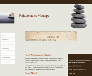 rejuvenatorsmassage.com: Rejuvenators Massage - Canmore
Rejuvenators Massage, Canmore massage clinic. Book your next massage appointment online with Rejuvenators Massage.
