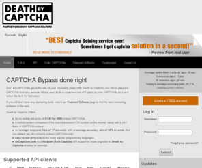 deathbycaptcha.com: Cheapest CAPTCHA bypass service  — Death by Captcha
We can bypass ANY captcha from any website. We offer the cheapest price for CAPTCHA bypass.  Our price is $1.39 per 1000 CAPTCHAs which equates to $0.00139 each.