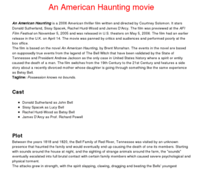 anamericanhaunting.org: An American Haunting
An American Haunting, Bell Witch, Bell Witch legend. An American Haunting movie. Bell Witch movie based on an american haunting story.