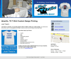 tshirtsandscreenprintingamarillo.com: T-Shirt Custom Design Printing Amarillo, TX - Just Tees'n
Just Tees'n Provides T-Shirt Custom Design Printing, Hats, Bags, Cheerleading apparel, Screen printing to  Amarillo, TX. Call 806-379-8337.