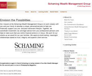 schamingwealth.com: David Schaming / Financial Advisor / Marlton, NJ
<p> At the Schaming Wealth Management Group of Wells Fargo Advisors our mission is to work closely with you and your family to develop a unique, personalized plan to help you financially support your pre- and post-retirement lifestyle. Together, we coordinate investment, tax and legal advice from your professional advisors and help to make sure that your entire financial picture is in focus. We work for our clients as we would for our own families. We aspire to build lasting, meaningful relationships based on trust, integrity and superior client service.</p> 