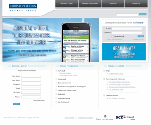 airitinerary.net: Christopherson Business Travel - Business Travel Management, Corporate Travel Management, Meetings & Incentives, Leisure Travel
Christopherson Business Travel is one of the top 25 Corporate Travel 
			Management Companies in the United States, and is an Affiliate of BCD Travel.  Christopherson Business Travel offers Business 
			Travel Management, Corporate Travel Management, Meeting & Incentive Planning, Leisure Travel and many other Business Travel Services