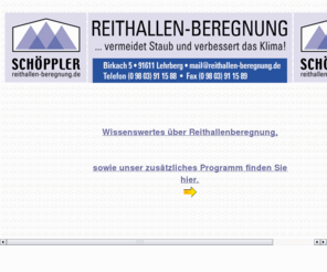 reitanlagen-beregnung.com: Reithallenberegnung - Gesundheit fr Mensch und Tier
Durch eine leicht zu bedienende und wartungsfreundliche Beregnungsanlage erzielen Sie optimale Bodenbefeuchtung und ein angenehmes Klima fr Mensch und Tier