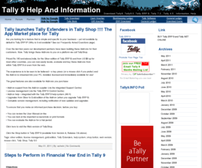 tally9.info: Tally 9 Help and Information  | Tally 9.0  | Tally.ERP 9 | Tally.Net Subscription
This is a website about Tally9. This website has Tips, download Tally , Tally Download, Tally Information, Tally Help and All about Tally 9, Tally 7.2, Tally 4.5, Tally 6.3,  Tally 9.0 , Tally.ERP 9, Tally 9.2 , Tally 4.0 , Tally 8.2 , Tally 8.1