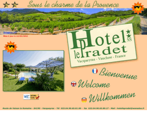 hotellepradet.fr: Hotel Le Pradet Vacqueyras 32 chambres, piscine, parking, climatisé
Hotel Le Pradet ** Vacqueyras, 32 chambres, parking, piscine, la provence, petit déjeuner, parking, piscine, Provence, tourisme Vacqueyras,