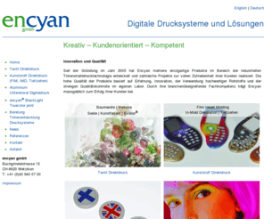 encyan.com: Digitale Drucksysteme und Lösungen von encyan gmbh - Innovation und Qualitaet - Wetzikon ZH, Schweiz
Encyan GmbH  Systemlösungen in Tintenentwicklung. Beratung in industrieller Tintenstrahl-Drucktechnologie. Ihr Partner für Systemlösungen, Qualitätskontrolle und Patentrecherche.