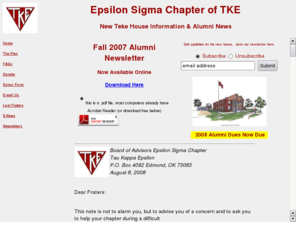 tekehouse.com: Epsilon Sigma of Chapter of TKE Alumni Assocation
Univesity of Central Oklahoma TKE Alumni Association Epsilon Sigma Chapter of information and news