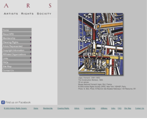 arsny.com: ARS | Artists Rights Society
Artists Rights Society (ARS) represents the copyright 
interests of most prominent 20th Century artists, among them Picasso, Matisse, Miro, Chagall, 
Pollock, Rothko, O'Keefe, et al.