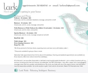 larknails.com: Lark Nails - Relaxing. Indulgent. Sanitary.
Lark Nails - Relaxing. Indulgent. Sanitary. Hand and foot pampering in your home. Based in Berkeley, CA.