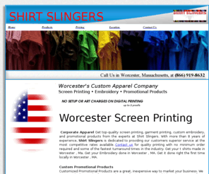 shirtslingers.com: Screen Printing, Tee Shirts, Embroidery, & Promotional Products. Worcester, MA
Get top-quality screen printing,custom embroidery,tee shirts and promotional products from our apparel company in Worcester, Massachusetts.