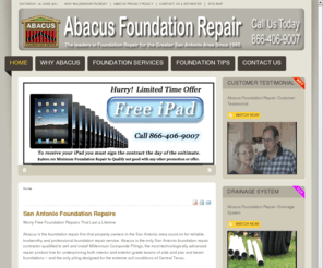 sanantoniotxfoundationrepair.com: San Antonio Foundation Repairs | Abacus Foundation Repair
Trust Abacus Foundation Repair for reliable and professional foundation repair services, drainage systems plumbing, tunneling, and root barriers in the San Antonio 78205 Bexar County and surrounding areas.
