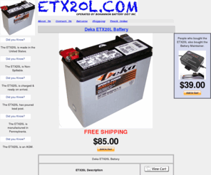 etx20l.com: Deka ETX20L Power Sports AGM Battery
The Deka ETX20L AGM, American Made, American Quality!