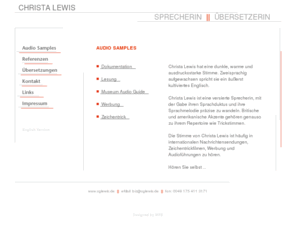 cglewis.de: CHRISTA LEWIS || SPRECHERIN UND ÜBERSETZERIN
US Amerikanerin übersetzt und synchronisiert für Kunst, Kino und Kultur.