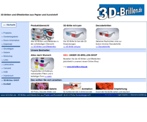 well-lens.com: 3D-Brillen
3D-Brillen und Effektbrillen aus Papier und Kunststoff, 3D-Bilder, Hintergrundwissen und Workshops