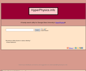 hyperphysics.info: HyperPhysics Search Utility
The fastest physics reference. Search for physics descriptions, diagrams, equations, theories, and even online calculators! Great tool for physics homework.