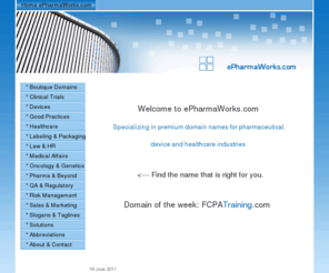 clinicaltrialconsulting.com: Home ePharmaWorks.com - ePharmaWorks.com
Premium pharma, biotech, device and healthcare domain names for sale.