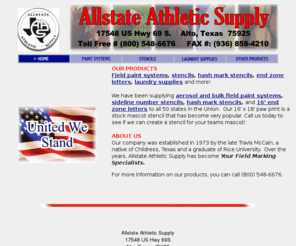 allstateath.com: Field Paint, Stencils - Allstate Athletic Supply
Allstate Athletic Supply, Your Field Marking Specialists, have been supplying aerosol paint systems, 16' end zone stencils, hashmark and paw print stencils to all 50 united states