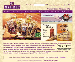 marimix.com: Marimix Premium Cereal Snack Mixes at Marimix.com
Marimix Premium Cereal Snack Mixes - serving you since '92!  Mari's award winning gourmet snack recipes are perfect as a party mix, business gift, in a gift basket, care package, or as a better-for-you snack for family and friends.  Baked to crunchy perfection from the finest multigrain cereals available, you will enjoy our delicious Maple & Brown Sugar, Honey Vanilla Granola, Peanut Butter Cinnamon, Chocolate Crunch or Roasted Garlic & Herb flavor recipes all day long.