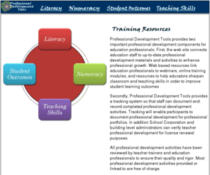 professionaldevelopmenttools.com: Professional Development Tools and Resources for Teachers and Educators
This Site provides a collection of resources that are intended for assisting in the professional development of teachers and educators in the areas of literacy, numeracy, student outcome and teacking skills