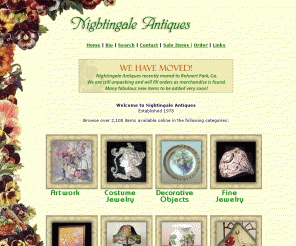 nightingaleantiques.com: Nightingale Antiques - antique art, vintage jewelry, and pottery antiques
Online antiques dealer with 2,100 antiques and vintage gifts -  Nightingale Antiques Antique Auction items