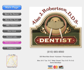 dralanrobertson.com: Alan J. Robertson, D.D.S. - General Dentistry - Kutztown, Pennsylvania
Dr. Alan Robertson has been specializing in general family dentistry, dental surgery, and dental pediatrics for the Kutztown, Pennsylvania, area since 1981.