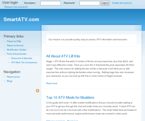 smartatv.com: SmartATV.com
SmartATV.com helps you get the most out of your ATV by providing information and resources such as Product Comparisons and Reviews, How-To Guides, Trail Listings, and more.
Examples include: ATV Lift Kit Guides, ATV Snorkel Guides and Comparisons, ATV Tire Comparisons, ATV Carburetor Jetting Guides, Top 10 ATV Lists, ATV Trail Guides, and more!