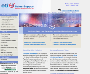 interdirect.com: Sales Lead Generation - Customer Acquisition and Management - Sales Prospecting Services
EtiSales' sales lead generation and customer acquisition services can help you Win new customers, achieve deeper market penetration and generate new revenue streams for your business. After your customers are acquired, we can assist with client retention to keep them for their lifetime.