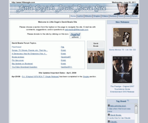 littleoogie.com: Little Oogie's David Bowie Site
a david bowie fan site featuring galleries, albums, lyrics, singles, videos, tours information, and a forum