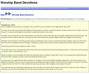 worshipbanddevotions.com: Worship band devotions for worship leaders, worship bands, praise teams, and Christian worship
WorshipBandDevotions.com provides tools for the spiritual growth of worship leaders and worship bands