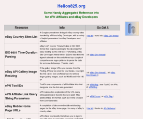 helios825.org: Helios825.org
Helios825.org aggregates some helpful resources and reference information for ePN Affiliates and eBay Developers.