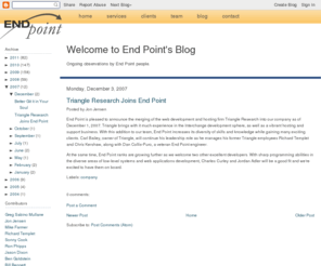 triangleresearch.com: Triangle Research Joins End Point | End Point Blog
End Point developers blog about databases, Postgres, Interchange, ecommerce, Ruby on Rails, Spree, hosting, browsers, development, environments, version control, Perl, and SEO.