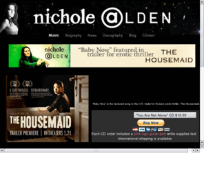 aldenmusic.com: Nichole ALDEN: Singer, Songwriter, & Performer
Official site for Los Angeles-based singer, songwriter, and performer who composes custom songs for film, television, and commercial clients.