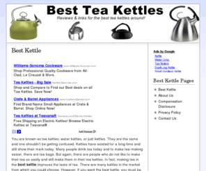 bestkettle.org: Best Kettle
Reviews and links for the best kettle for making tea, as well as other tips and information on tea kettles.