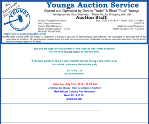 youngsauction.com: Youngs Auction Service - McCook, Nebraska
Youngs Auction Service, All American Auction Co, McCook NE, Private Collection Auctions, Estate Auctions, Nebraska, Kansas, Colorado, 