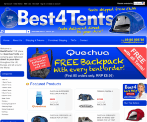 best4camping.com: Best4tents. The best place to buy Quechua pop up tents from.
If you are searching for the highest quality camping tents, camping equipment or camping accessories, you have come to the right site. We have one of the biggest selections of tents in the UK that we can ship all over the world.