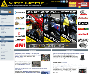 throttle-twisters.net: TwistedThrottle.com
Twisted Throttle LLC. - Sport and Adventure Touring Equipment - North American importer and distributor for SW-Motech, MRA Windscreens, Bags-Connection Electric Tankbags, Barkbusters Hand Guards, Kaoko Throttle Locks, Denali LED headlights, Micatech luggage, Techmounts, dealer for GIVI USA, Gerbing Heated Clothing, and more! We offer the best selection of motorcycle hard luggage, windscreens, centerstands, and crashbars for metric bikes on the Internet!