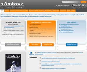 findmissingheirs.com: Find Missing Heirs & Beneficiaries - Finders Probate Genealogists UK
Finders is a professional international probate genealogy firm based in the UK. Trace missing heirs and identify unknown beneficiaries, trace next of kin, legatees and executors quickly and cost-effectively for probate lawyers.