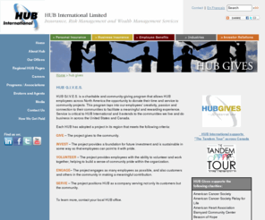 hubgivestoday.com: HUB International | HUB International
HUB International is one of the largest private insurance brokerage that provides a broad array of property and casualty, life and health, employee benefits, reinsurance, investment and risk management products and services with offices located in the United States and Canada.