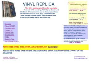 vinylreplica.com: Transfer your vinyl LP's to CD with sound restoration and denoise
Audio restoration of vinyl LP (33,  78,  45,  cassette) and transfer to CD.  We reduce pops, crackles, scratches and hiss to give clean CD sound.