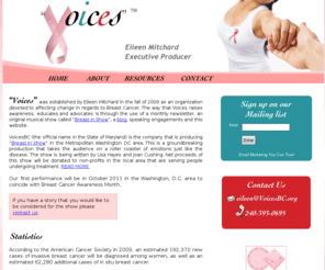 voicesbc.org: Voices: An organization devoted to affecting change in regards to Breast 
Cancer.
he way that Voices raises awareness, educates and advocates is through the use of a monthly newsletter, an original musical show called “Breast In Show”, a blog, speaking engagements and this website. 