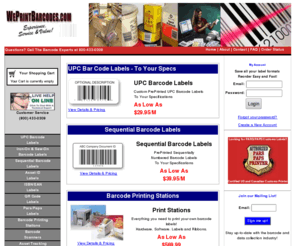 weprintbarcodes.com: Barcode Labels and Stickers - UPC - Asset - Sequential - ISBN - EAN
Printed barcode labels - UPC barcode labels and stickers, Asset Management and Tracking Barcode labels,ISBN/EAN Barcode labels and Barcode Printing Systems.Most orders ship same day free freight. 