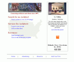 architectsusa.com: Architects USA home: Index and directory of over 20,000 architectural firms
Architects USA is a directory listing of over 20,000 architectural firms in the USA.  Connecting architects and clients to produce better architecture.