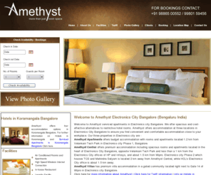 amethystbangalore.com: AMETHYST APT-HOTELS IN ELECTRONICS CITY BANGALORE| ELECTRONICS CITY BENGALURU HOTELS | KORAMANGALA HOTELS
Hotels in Electronics City, Amethyst apart-hotels in Electronics city Bangalore offers rooms from Rs.1500   Bengaluru Electronics city hotels and service apartments in Electronics city hotels on hosur road bangalore hotels. Hotels Electronics city hotel hosur road electronics city bangalore and bengaluru hotel electronics city Hotels. Hotels in Koramangala Bangalore and Serviced Apartments in Koramangala Bangalore close to Forum Mall Hosur Road from Rs.1600  